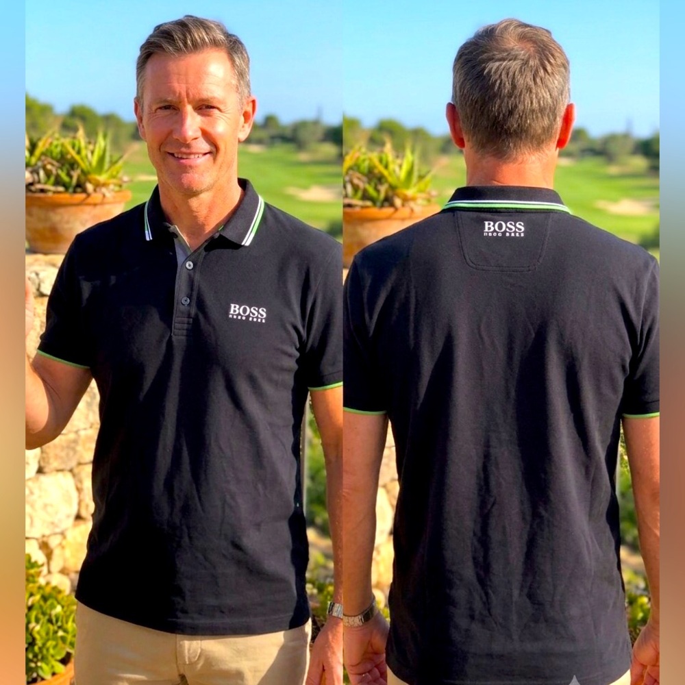 BOSS Hugo Boss Paddy Pro Black Short Sleeve Golf Shirt Green Trim Size M